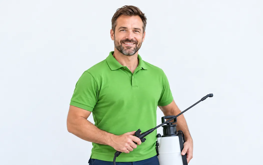 Ongediertebestrijder in een groen poloshirt met een drukspuit