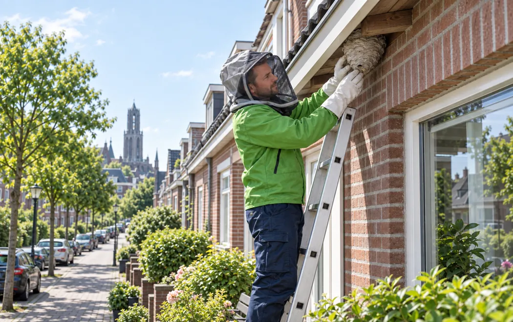 Bestrijder op een ladder bij een huis in Utrecht, met de Domtoren op de achtergrond
